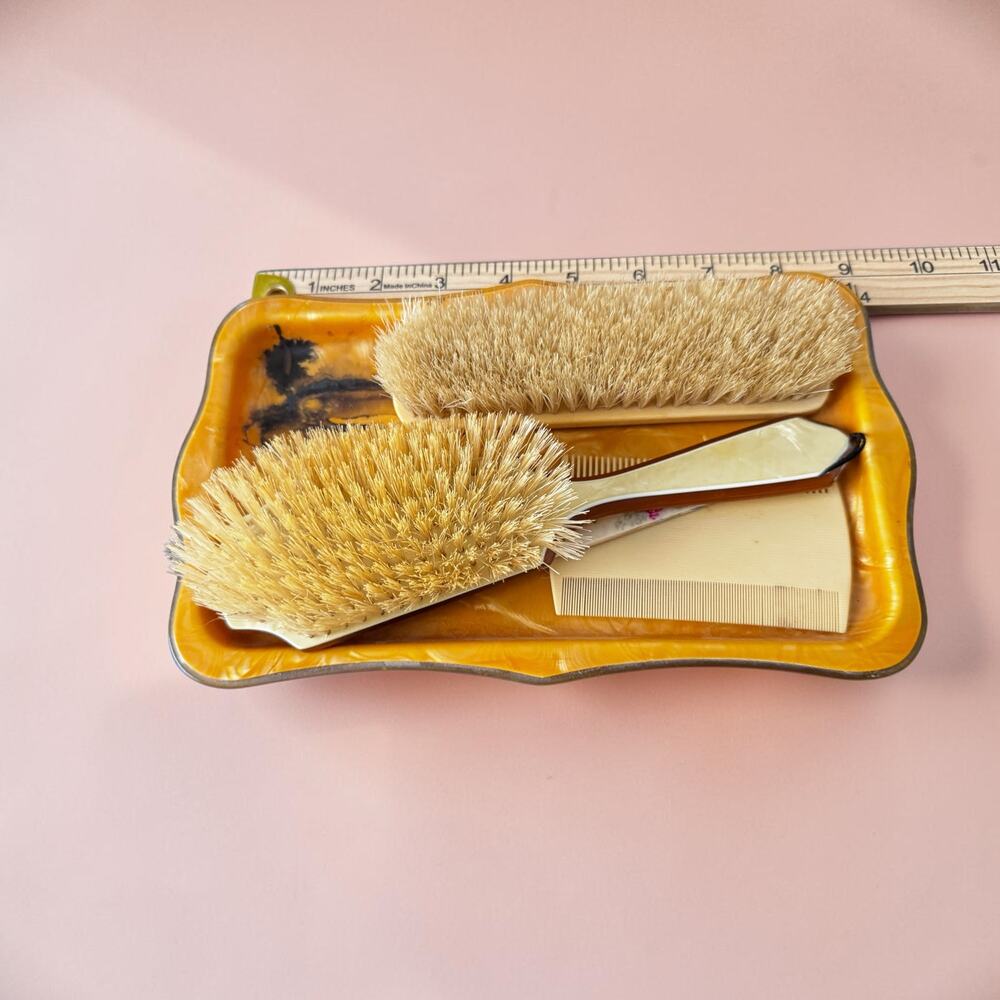 Vintage Amber Tortoise Celluloid Vanity Dresser Set Tray Brush Comb Art Deco